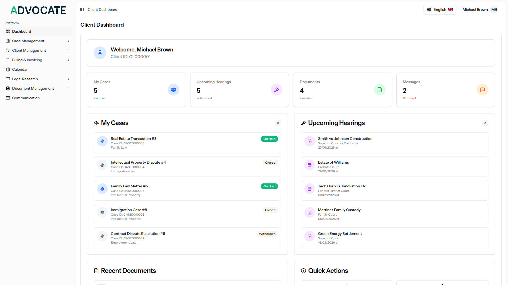 Client-facing dashboard with cases, documents, hearings, and messages