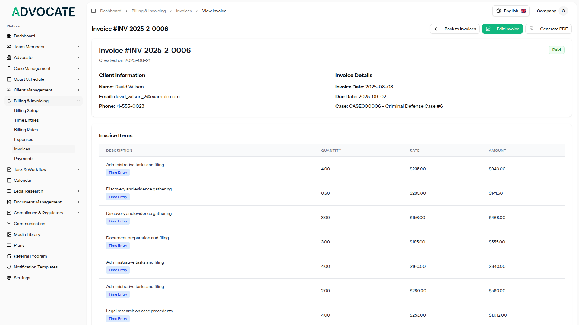 Invoice management screen with line items and payment state